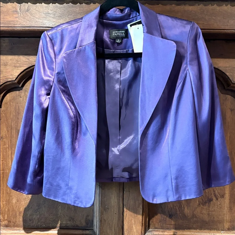 Adrianna Papell Silk purple Cropped Evening Shrug Jacket Blazer Notched Lapel 6
